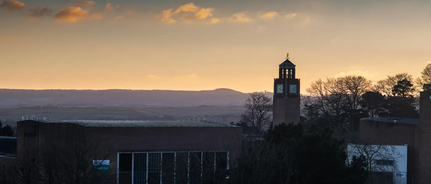 The Nortcote House Clock Tower at dusk.