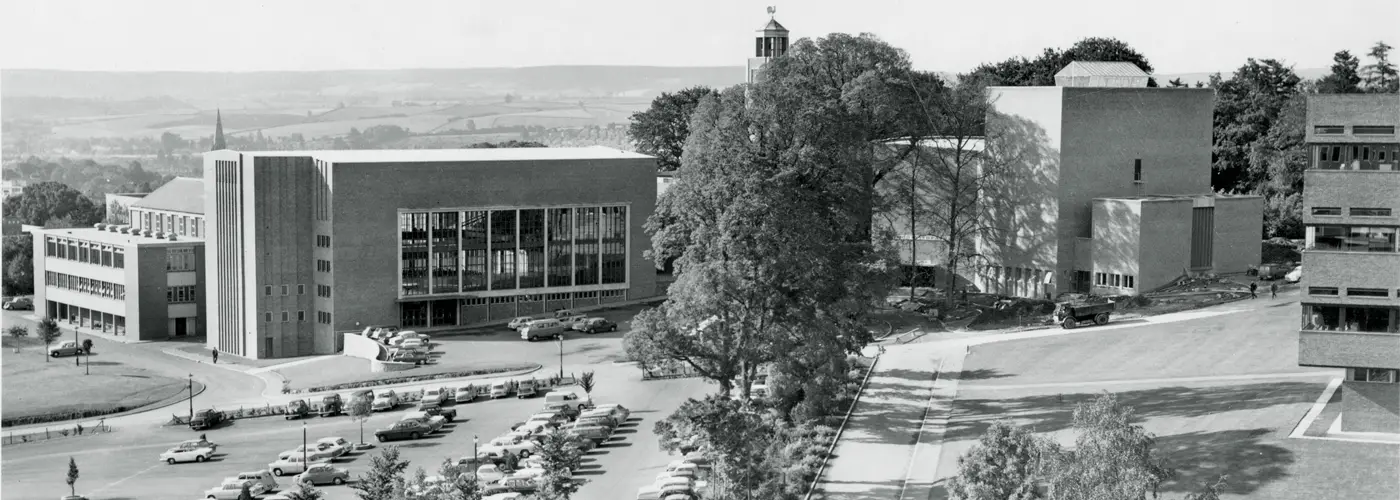 The campus from the late 1960s showing the Great Hall, the back of Devonshire House and the Northcote House clocktower.