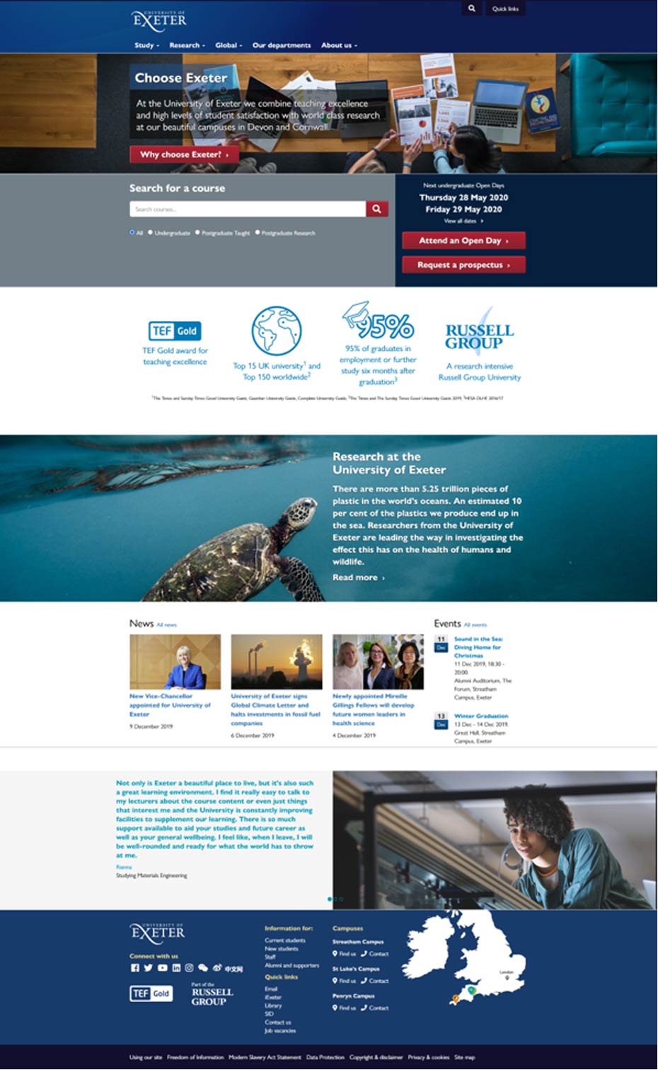 Image showing the University homepage as it was in 2019