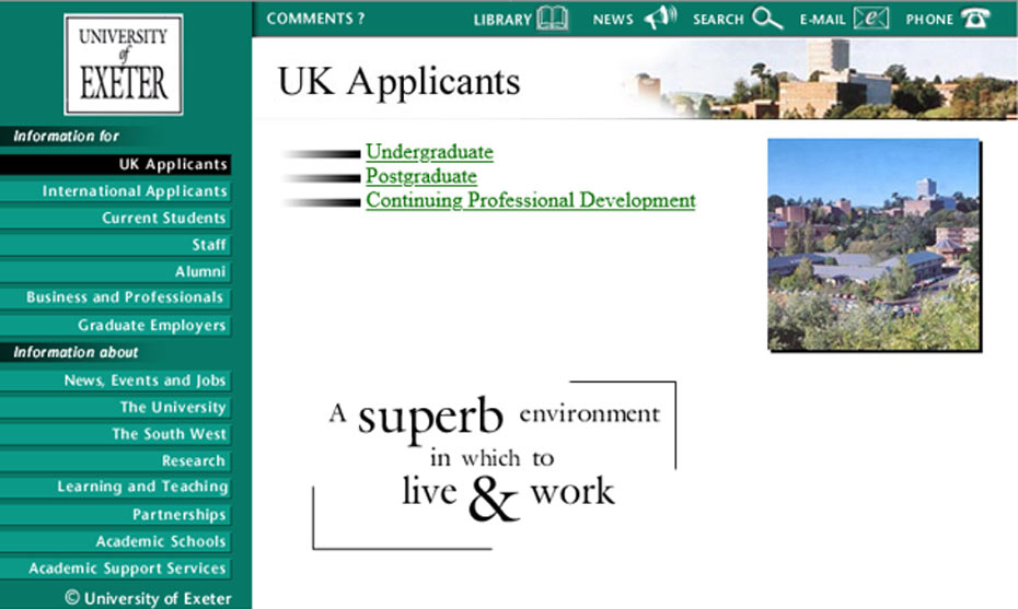 Image showing a second level page for UK Applicants as it was in 2000