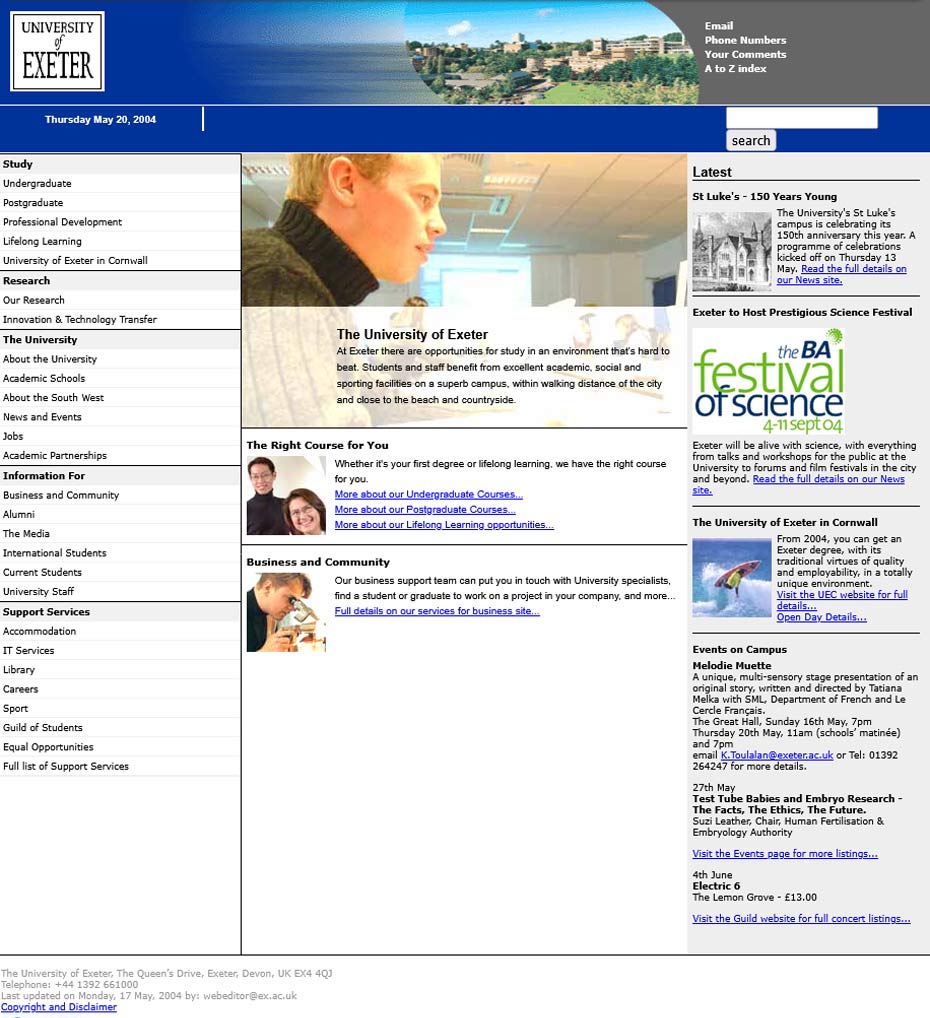 Image showing the University homepage as it was in 2004