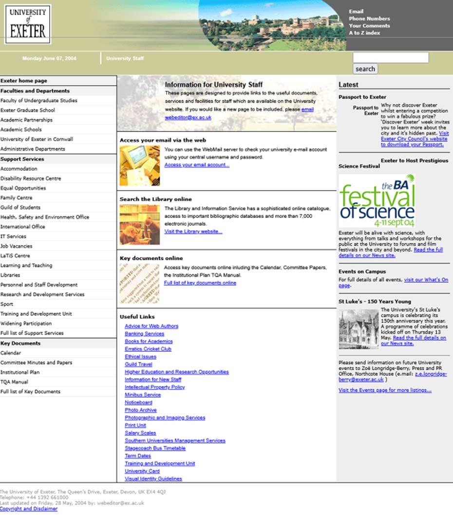Image showing the University staff homepage as it was in 2004