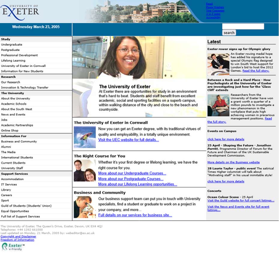 Image showing the University homepage as it was in 2005 with new logo
