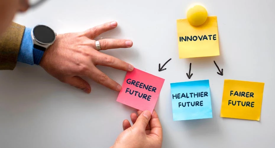 Close up of hand sorting post it notes with ideas