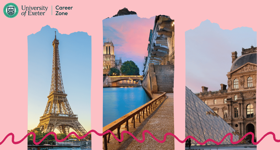 Three images of Paris on a pink background