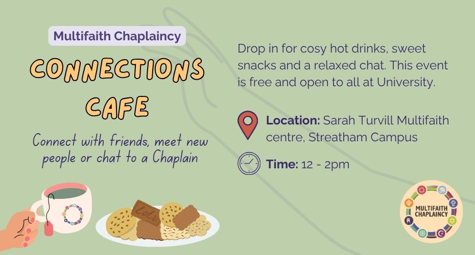 Connections Cafe graphic depicting cup of tea, biscuits and event information