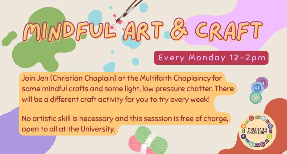 Graphic for Mindful art & craft, showing description of event, paint splodges, paint brushes and other craft items.