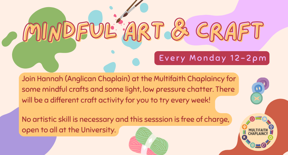 Graphic for Mindful art & craft, showing description of event, paint splodges, paint brushes and other craft items.