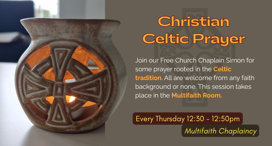 Graphic for weekly Christian Celtic prayer group, showing description of event, Celtic cross candle holder with candle