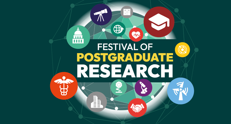 Logo for PGR Festival of Research, with a globe in the middle and circles surrounding it with icons representing different subjects