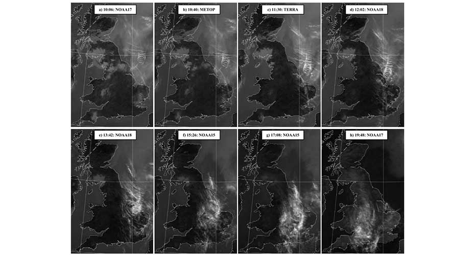 Showing the evolution of an unusual spiral shaped contrail generated over the North Sea evolving into contrail induced cirrus (Haywood et al., 2009).