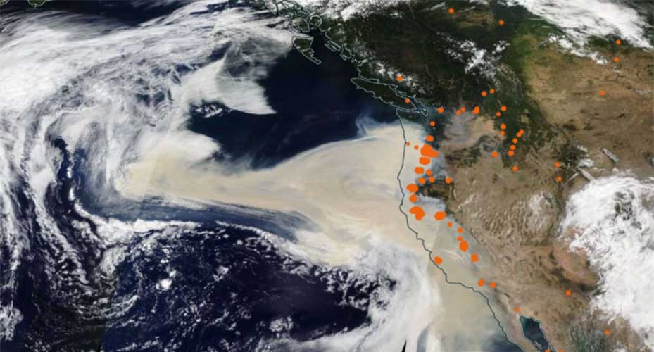 Satellite image from 10th September 2020 showing the huge plume of smoke generated by extreme Californian wildfires. Courtesy of NASA worldview.