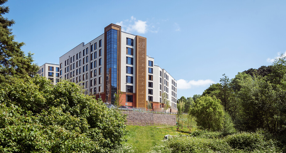 A view of halls of residence on Streatham campus on a sunny day