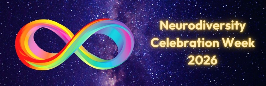 A multicoloured infinity symbol for neurodiversity and text reading Neurodiversity Celebration Week 2026 over a night sky background