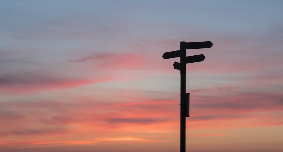 A silhouette of a road sign during golden hour