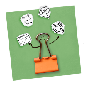 A paperclip person juggling various aspects of project management