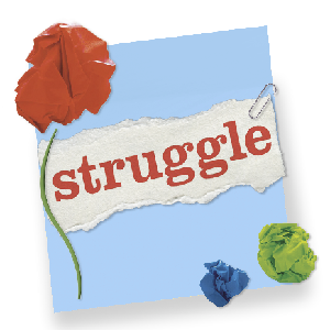 Flowers of balled up coloured paper with the word 'Struggle'